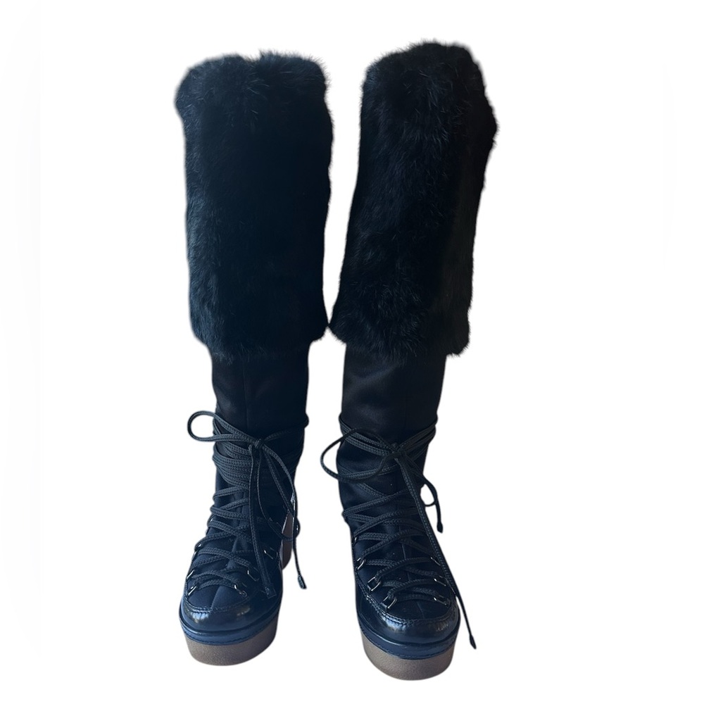 Givenchy Satin, Leather & Fur Knee High Lace Up Boots Size 37